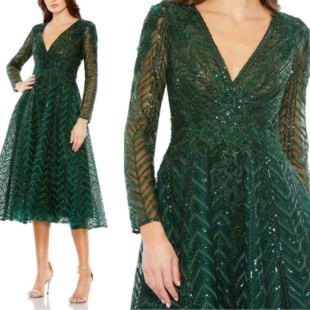 Mac Duggal Emerald Green Beaded Long-Sleeve V-Neck Dress